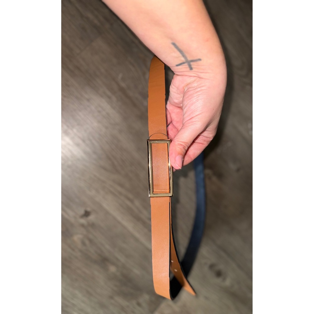 Womens Reversible Belt Tan Black Faux Leather Gold Rectangular Buckle Slim 48in
